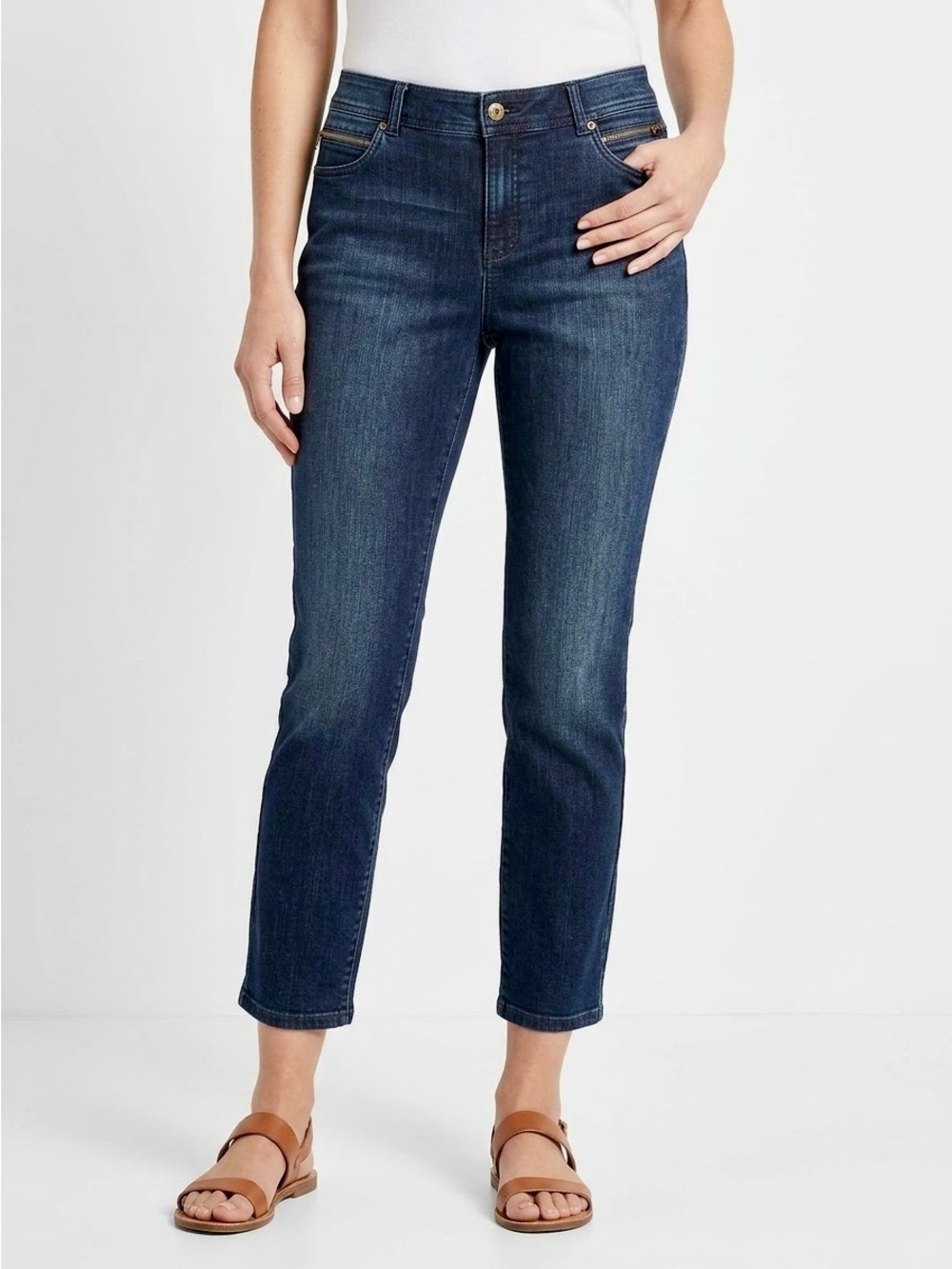 CHICO’S Dark Blue Cropped Straight Leg Ankle Jeans w Zipper Pockets #124 LHP